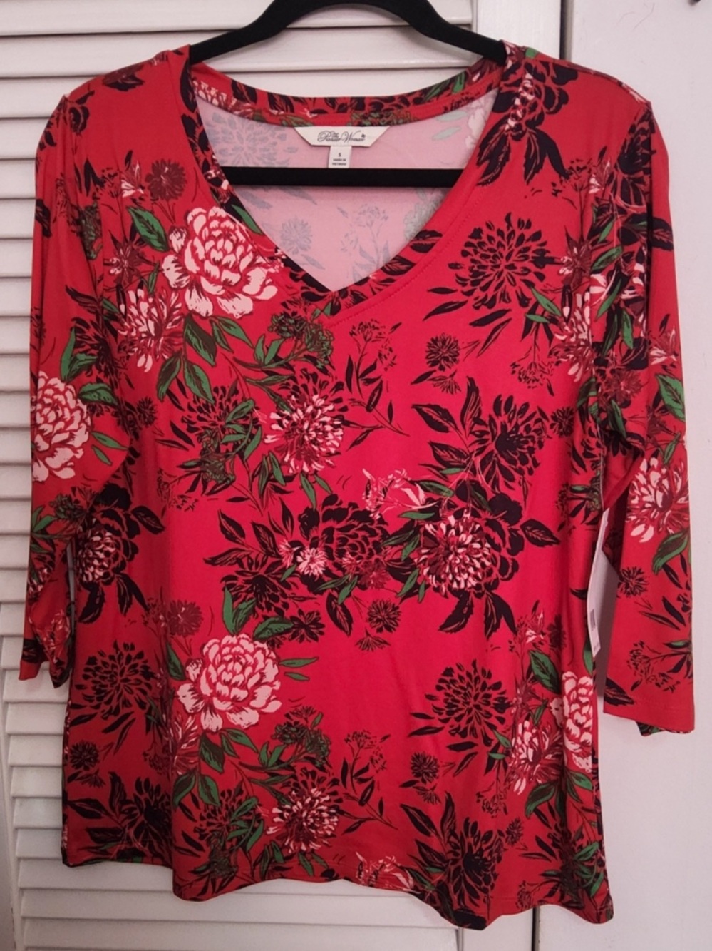 ❤️NWT Small The Pioneer Woman V-Neck 3/4 Sleeve Floral Top in Red Green B8